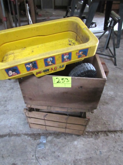 Lot of 2 wooden boxes, roller stand and Mickey toy