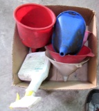 Box of funnels & Wire shelving