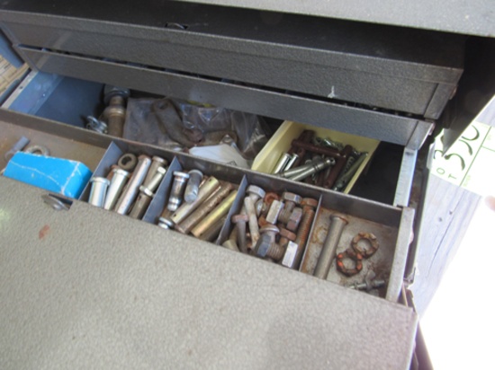 toolbox with hardware and 3 boxes of misc items