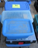 lot of 7 plastic containers with tools, sandblocks and supplies