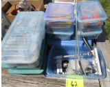 lot of 8 plastic containers with tools, hardeware and supplies