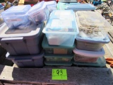 lot of 12 plastic containers with hardware and supplies