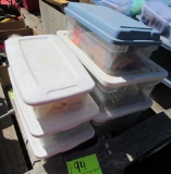 lot of 6 plastic containers with tools, clamps and hardware