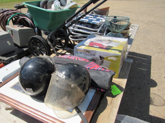7" wet tile saw, helmets, chairs, picture