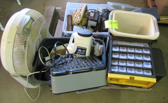 pallet of misc items, tools, hardware organizer