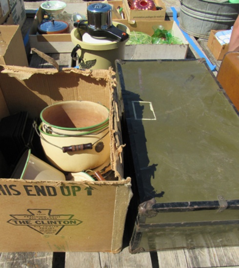 chest case, ice cream maker, dishes