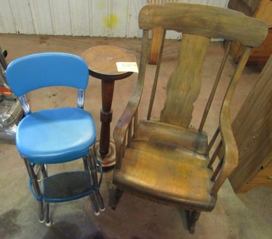 blue stool, plant stand, rocking chair