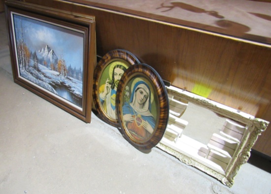 lot of 2 paintings, pictures, mirror & shadow box