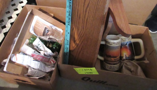 wooden shelves, 2 steins