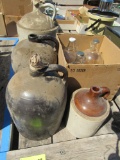 crock, glass jugs
