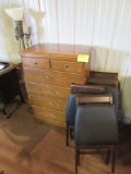 lot of 4 chairs, a dresser, lamp