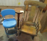 blue stool, plant stand, rocking chair