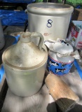 crock jug, cow cookie jar, 8 gal RW crock