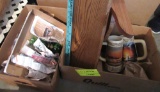 wooden shelves, 2 steins