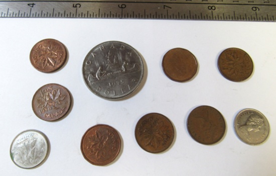 Canada- 45 pennies, 15 nickels, 16 dimes, 4 dollar coins