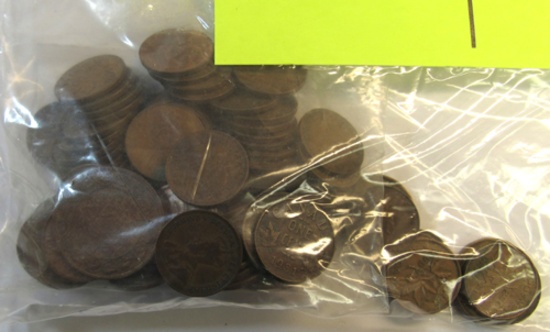 lot of 98 pennies, lg & sm, 2 1943 V-nickels