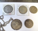 5 Morgan silver dollars, 1879, 1892, 1899, 1921 in necklace