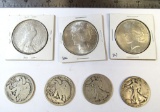 3 Peace dollars 1922, 1923, 1927 & 4 Walking Liberty half dollars