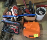 3 boxes of tools, tins, tray, skilsaw, nailer