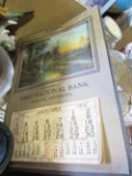 1932 1st National Bank calendar, crock jug, 2 lamps