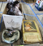 1927-1929 calendars, black vase, glassware