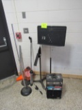 amp, mic stand and music stands