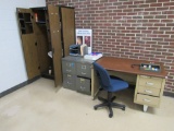 cabinet, 2 file cabinets, 3-drawer desk and office chair