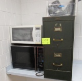 2 microwaves and a 2-drawer file cabinet
