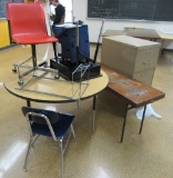 tables, chairs, desk and file cabinet