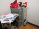 closet full of teaching materials, 3 file cabinets and cart