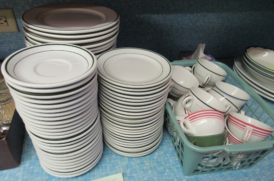 6" saucers, 6 1/2" plates, 9" plates, set of 25 each, and coffee cups