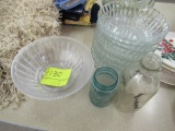 glass bowls, milk jar and mason jar