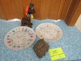 2 plates from 1997 Catholic School Week, a crocheted stuffed animal and rock