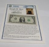 Joseph W Barr dollar bill and mint sheet of $1 bills
