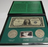 The Silver Story, Morgan, Peace, $1 silver cert and 1 oz bar