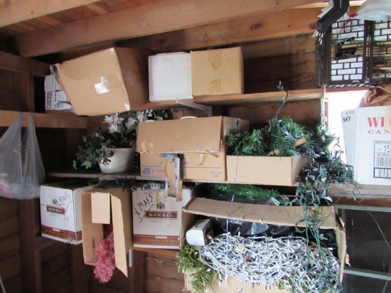 items in corner of the shed, Christmas lights, décor, folding table