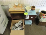 cart, end table and glassware