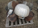galvinized buckets, milk can, barrels