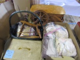 small spinning wheel, picnic basket, misc