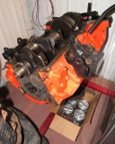 Chevy 350 bare block, piston heads & engine rack