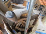 pail of tools, horse shoes