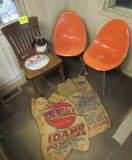 chairs, potato bags, sign