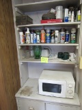 items in cabinet and shelves
