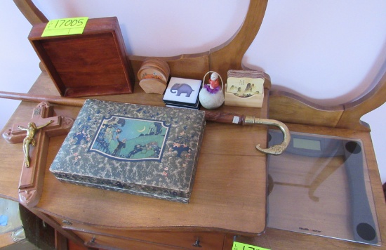 Crucifix, Bathroom Scale, Cane, Perfume set