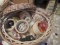 basket, sewing items, toaster oven