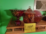 carnival glass and red bowls
