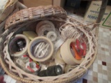 basket, sewing items, toaster oven
