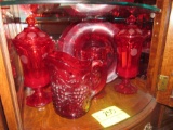 red glass set, pitcher and plate