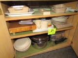 cutting board, pots, serving dishes