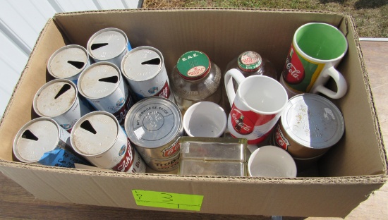 Coca-Cola mugs, jars, beer cans